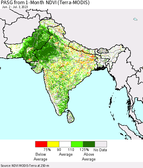 Southern Asia PASG from 1-Month NDVI (Terra-MODIS) Thematic Map For 6/26/2023 - 7/3/2023