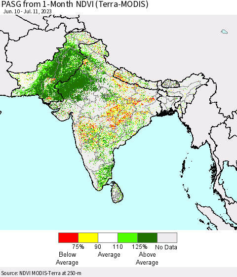 Southern Asia PASG from 1-Month NDVI (Terra-MODIS) Thematic Map For 7/4/2023 - 7/11/2023