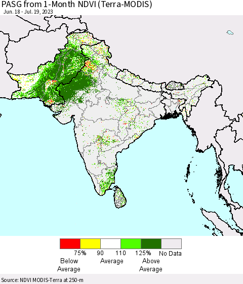 Southern Asia PASG from 1-Month NDVI (Terra-MODIS) Thematic Map For 7/12/2023 - 7/19/2023