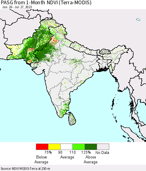 Southern Asia PASG from 1-Month NDVI (Terra-MODIS) Thematic Map For 7/20/2023 - 7/27/2023