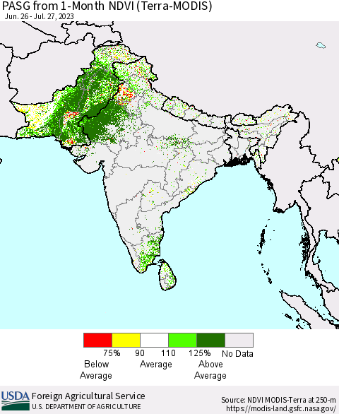 Southern Asia PASG from 1-Month NDVI (Terra-MODIS) Thematic Map For 7/21/2023 - 7/31/2023