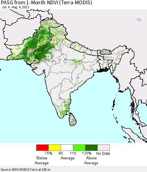 Southern Asia PASG from 1-Month NDVI (Terra-MODIS) Thematic Map For 7/28/2023 - 8/4/2023