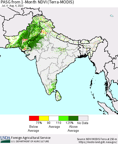 Southern Asia PASG from 1-Month NDVI (Terra-MODIS) Thematic Map For 8/1/2023 - 8/10/2023