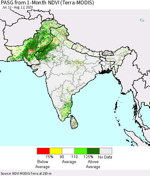 Southern Asia PASG from 1-Month NDVI (Terra-MODIS) Thematic Map For 8/5/2023 - 8/12/2023