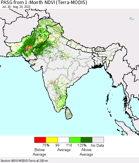 Southern Asia PASG from 1-Month NDVI (Terra-MODIS) Thematic Map For 8/11/2023 - 8/20/2023