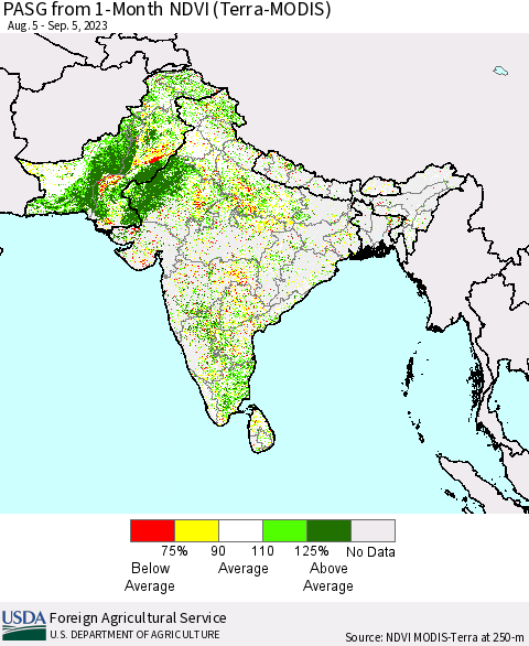 Southern Asia PASG from 1-Month NDVI (Terra-MODIS) Thematic Map For 9/1/2023 - 9/10/2023