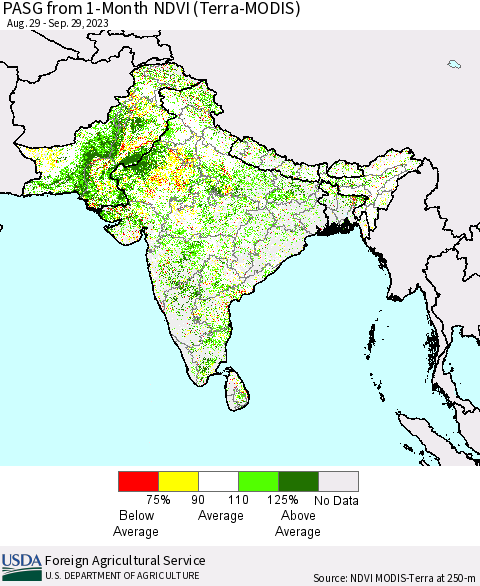 Southern Asia PASG from 1-Month NDVI (Terra-MODIS) Thematic Map For 9/21/2023 - 9/30/2023