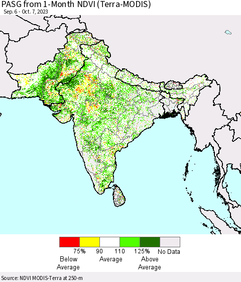 Southern Asia PASG from 1-Month NDVI (Terra-MODIS) Thematic Map For 9/30/2023 - 10/7/2023