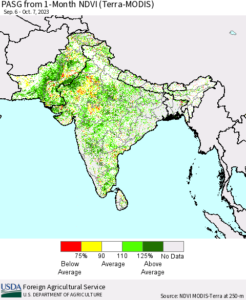 Southern Asia PASG from 1-Month NDVI (Terra-MODIS) Thematic Map For 10/1/2023 - 10/10/2023