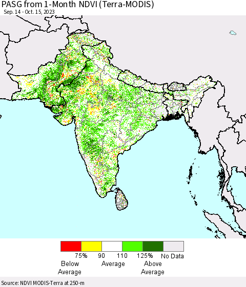 Southern Asia PASG from 1-Month NDVI (Terra-MODIS) Thematic Map For 10/8/2023 - 10/15/2023