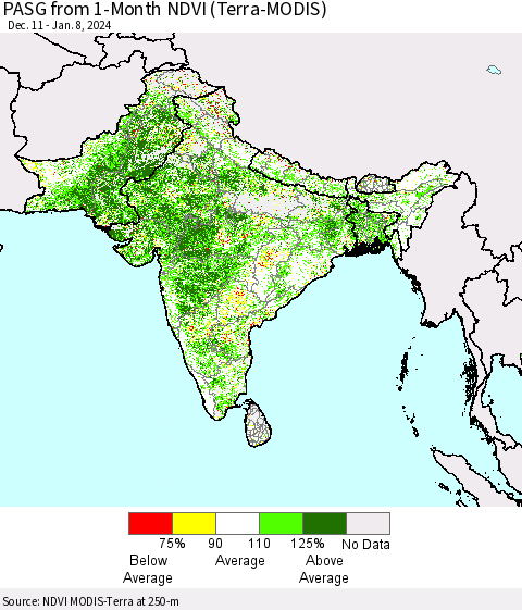 Southern Asia PASG from 1-Month NDVI (Terra-MODIS) Thematic Map For 1/1/2024 - 1/8/2024