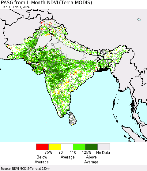 Southern Asia PASG from 1-Month NDVI (Terra-MODIS) Thematic Map For 1/25/2024 - 2/1/2024
