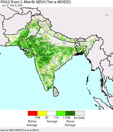 Southern Asia PASG from 1-Month NDVI (Terra-MODIS) Thematic Map For 2/2/2024 - 2/9/2024