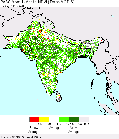 Southern Asia PASG from 1-Month NDVI (Terra-MODIS) Thematic Map For 2/26/2024 - 3/4/2024