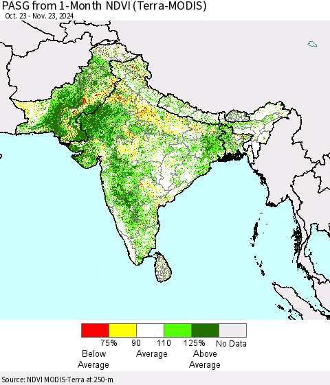 Southern Asia PASG from 1-Month NDVI (Terra-MODIS) Thematic Map For 11/16/2024 - 11/23/2024