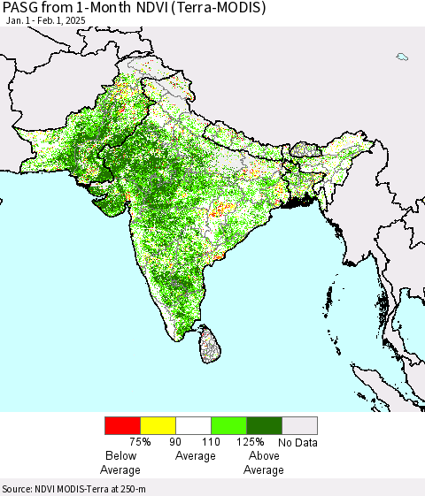 Southern Asia PASG from 1-Month NDVI (Terra-MODIS) Thematic Map For 1/25/2025 - 2/1/2025