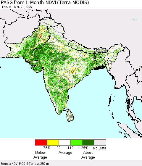 Southern Asia PASG from 1-Month NDVI (Terra-MODIS) Thematic Map For 3/14/2025 - 3/21/2025