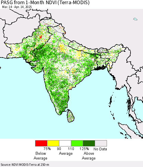 Southern Asia PASG from 1-Month NDVI (Terra-MODIS) Thematic Map For 4/7/2025 - 4/14/2025