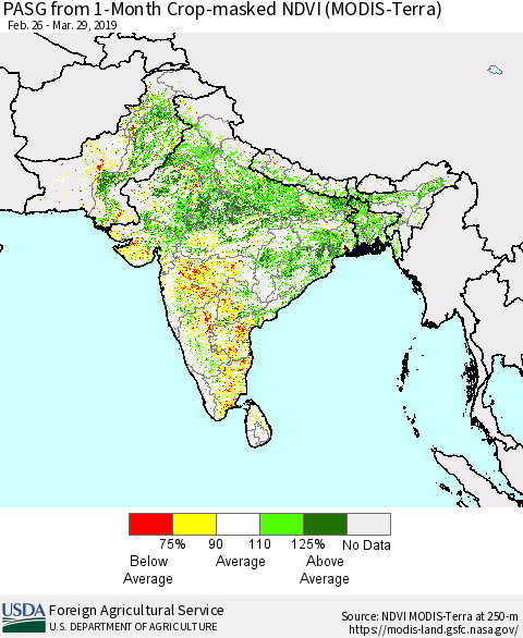 Southern Asia PASG from 1-Month Cropland NDVI (Terra-MODIS) Thematic Map For 3/21/2019 - 3/31/2019