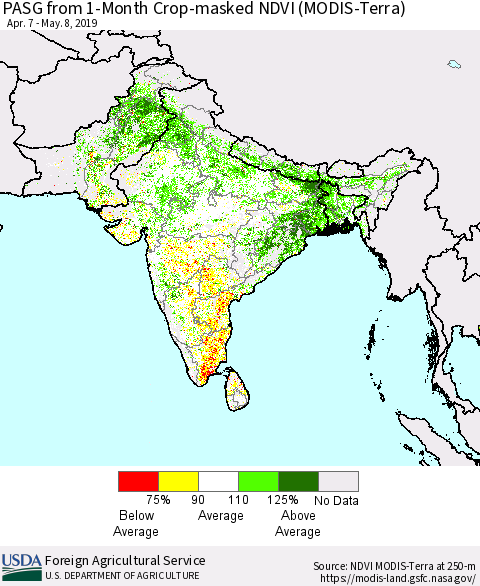 Southern Asia PASG from 1-Month Cropland NDVI (Terra-MODIS) Thematic Map For 5/1/2019 - 5/10/2019