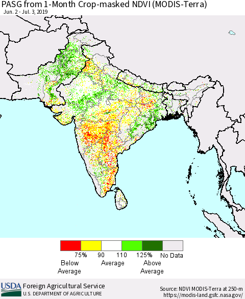Southern Asia PASG from 1-Month Crop-masked NDVI (MODIS-Terra) Thematic Map For 7/1/2019 - 7/10/2019