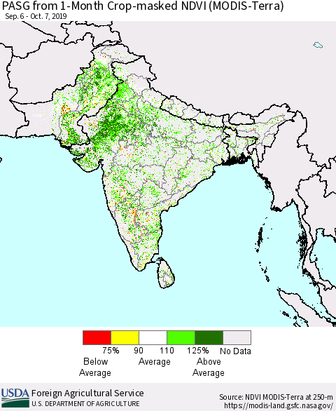 Southern Asia PASG from 1-Month Cropland NDVI (Terra-MODIS) Thematic Map For 10/1/2019 - 10/10/2019