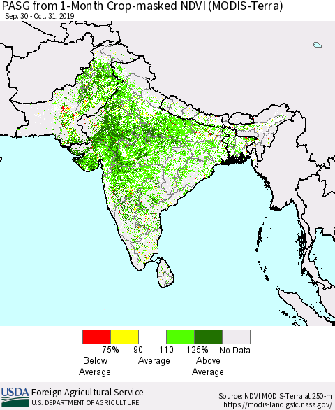 Southern Asia PASG from 1-Month Crop-masked NDVI (MODIS-Terra) Thematic Map For 10/21/2019 - 10/31/2019