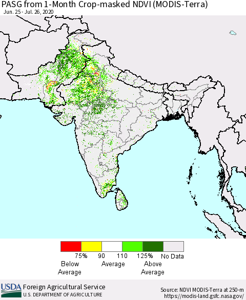 Southern Asia PASG from 1-Month Cropland NDVI (Terra-MODIS) Thematic Map For 7/21/2020 - 7/31/2020
