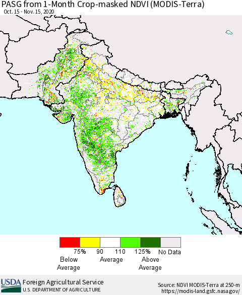 Southern Asia PASG from 1-Month Crop-masked NDVI (MODIS-Terra) Thematic Map For 11/11/2020 - 11/20/2020