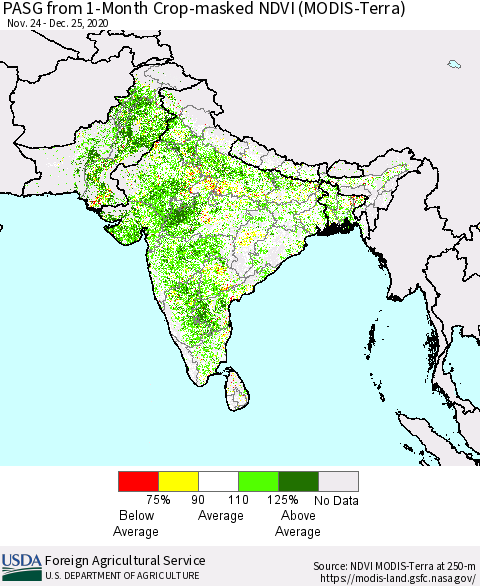 Southern Asia PASG from 1-Month Cropland NDVI (Terra-MODIS) Thematic Map For 12/21/2020 - 12/31/2020