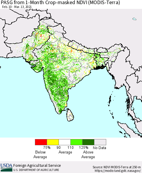 Southern Asia PASG from 1-Month Crop-masked NDVI (MODIS-Terra) Thematic Map For 3/11/2021 - 3/20/2021