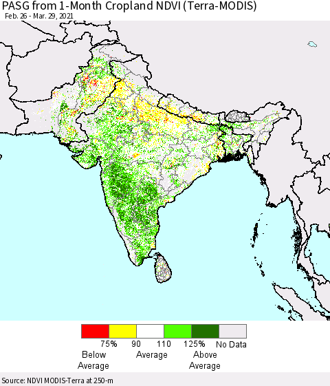 Southern Asia PASG from 1-Month Cropland NDVI (Terra-MODIS) Thematic Map For 3/22/2021 - 3/29/2021