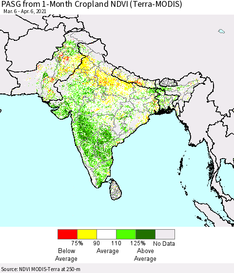 Southern Asia PASG from 1-Month Cropland NDVI (Terra-MODIS) Thematic Map For 3/30/2021 - 4/6/2021