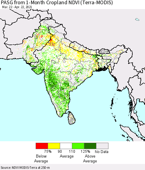 Southern Asia PASG from 1-Month Cropland NDVI (Terra-MODIS) Thematic Map For 4/15/2021 - 4/22/2021