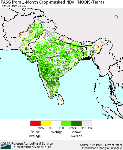 Southern Asia PASG from 1-Month Cropland NDVI (Terra-MODIS) Thematic Map For 5/21/2021 - 5/31/2021