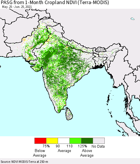 Southern Asia PASG from 1-Month Cropland NDVI (Terra-MODIS) Thematic Map For 6/18/2021 - 6/25/2021