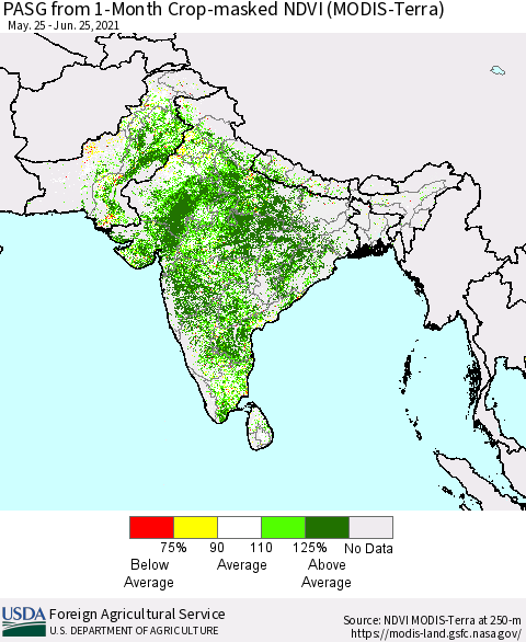 Southern Asia PASG from 1-Month Cropland NDVI (Terra-MODIS) Thematic Map For 6/21/2021 - 6/30/2021