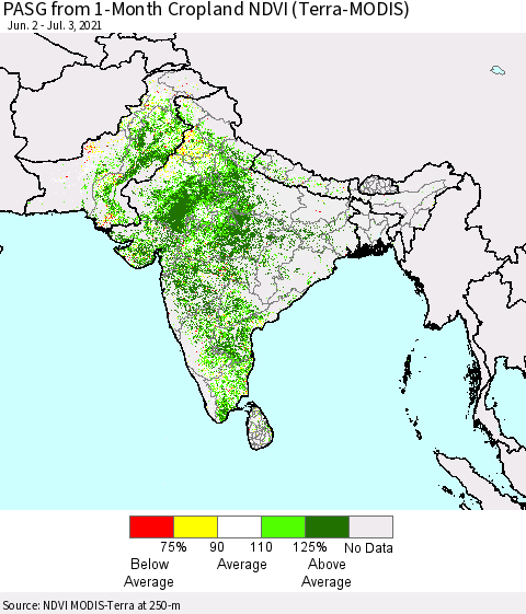 Southern Asia PASG from 1-Month Cropland NDVI (Terra-MODIS) Thematic Map For 6/26/2021 - 7/3/2021