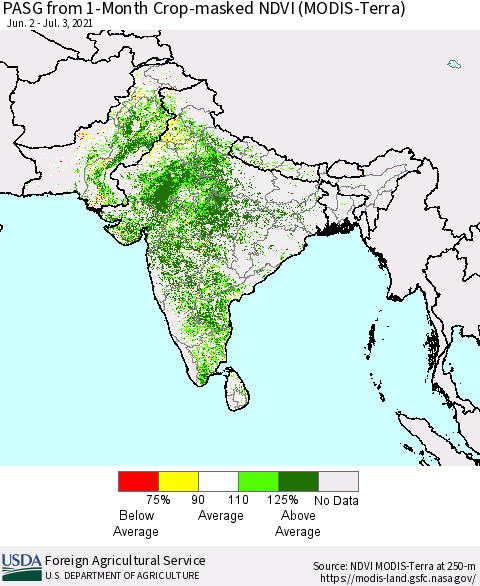 Southern Asia PASG from 1-Month Cropland NDVI (Terra-MODIS) Thematic Map For 7/1/2021 - 7/10/2021