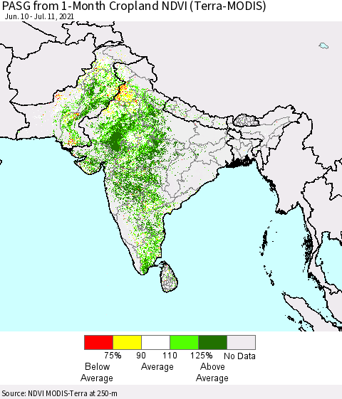 Southern Asia PASG from 1-Month Cropland NDVI (Terra-MODIS) Thematic Map For 7/4/2021 - 7/11/2021