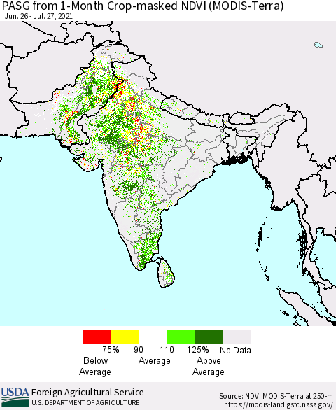 Southern Asia PASG from 1-Month Cropland NDVI (Terra-MODIS) Thematic Map For 7/21/2021 - 7/31/2021