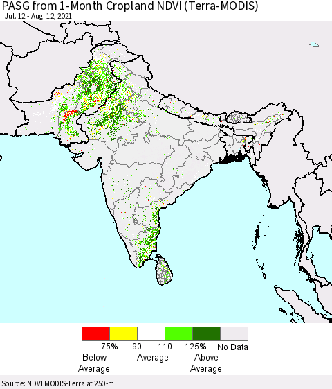 Southern Asia PASG from 1-Month Cropland NDVI (Terra-MODIS) Thematic Map For 8/5/2021 - 8/12/2021