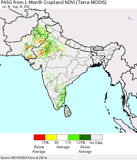 Southern Asia PASG from 1-Month Cropland NDVI (Terra-MODIS) Thematic Map For 8/21/2021 - 8/28/2021
