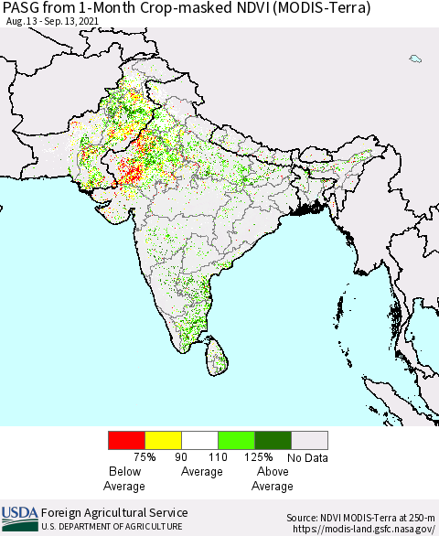 Southern Asia PASG from 1-Month Cropland NDVI (Terra-MODIS) Thematic Map For 9/11/2021 - 9/20/2021