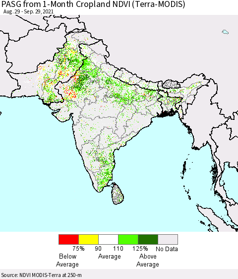 Southern Asia PASG from 1-Month Cropland NDVI (Terra-MODIS) Thematic Map For 9/22/2021 - 9/29/2021