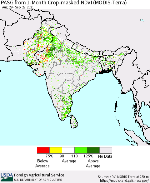 Southern Asia PASG from 1-Month Cropland NDVI (Terra-MODIS) Thematic Map For 9/21/2021 - 9/30/2021