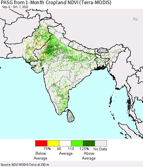 Southern Asia PASG from 1-Month Cropland NDVI (Terra-MODIS) Thematic Map For 9/30/2021 - 10/7/2021