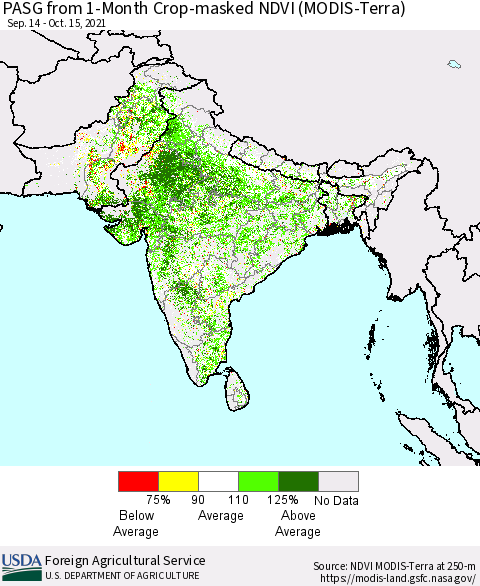 Southern Asia PASG from 1-Month Crop-masked NDVI (MODIS-Terra) Thematic Map For 10/11/2021 - 10/20/2021