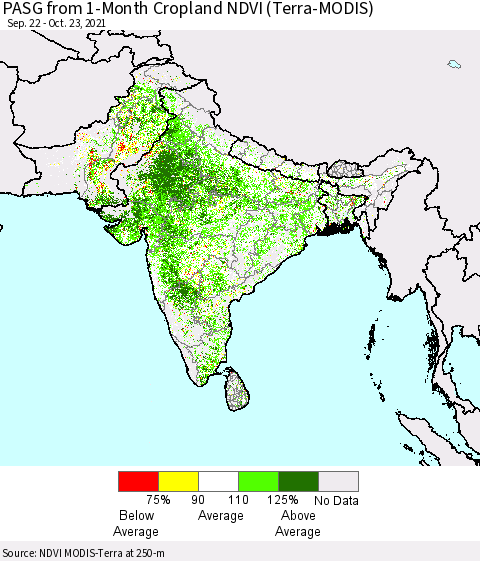 Southern Asia PASG from 1-Month Cropland NDVI (Terra-MODIS) Thematic Map For 10/16/2021 - 10/23/2021