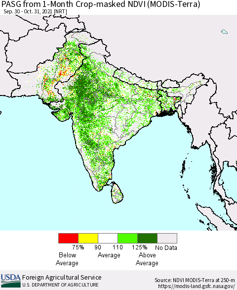 Southern Asia PASG from 1-Month Crop-masked NDVI (MODIS-Terra) Thematic Map For 10/21/2021 - 10/31/2021